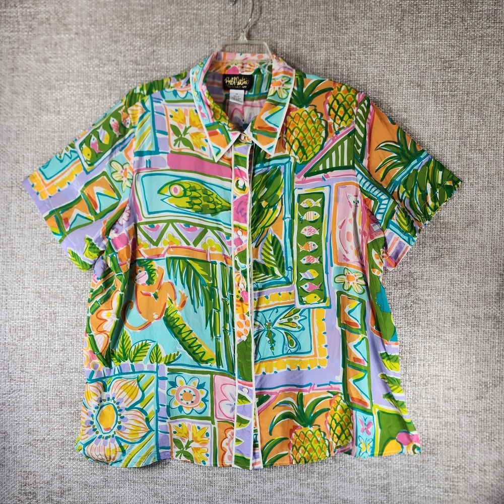 VTG Bob Mackie Silk Blouse Womens 3X Jungle Tropical Art To Wear Cat Monkey Bird